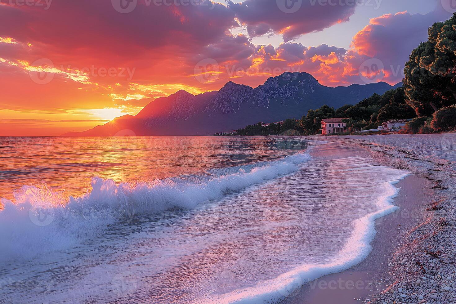 Sunset Over Serene Beach with Mountain Views - Perfect for Travel Posters and Wall Art photo