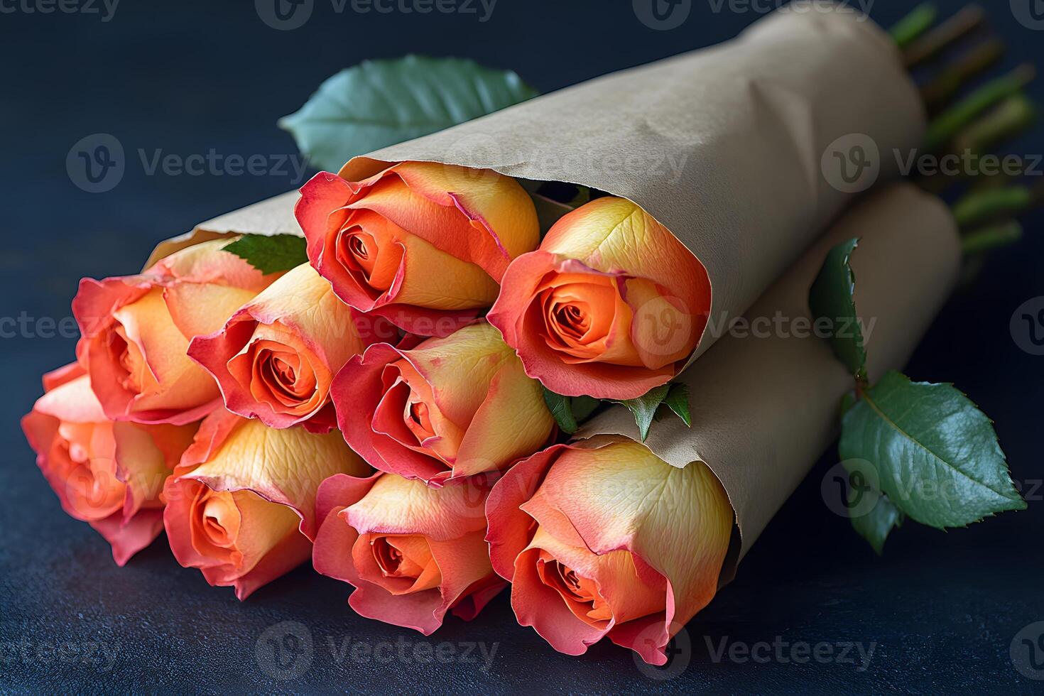 Elegant Bouquet of Orange Roses Wrapped in Brown Paper for Special Occasions photo