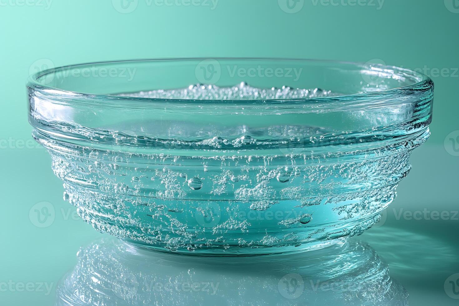 Effervescent Bubbles in Glass Bowl on Teal Background for Freshness Concept photo