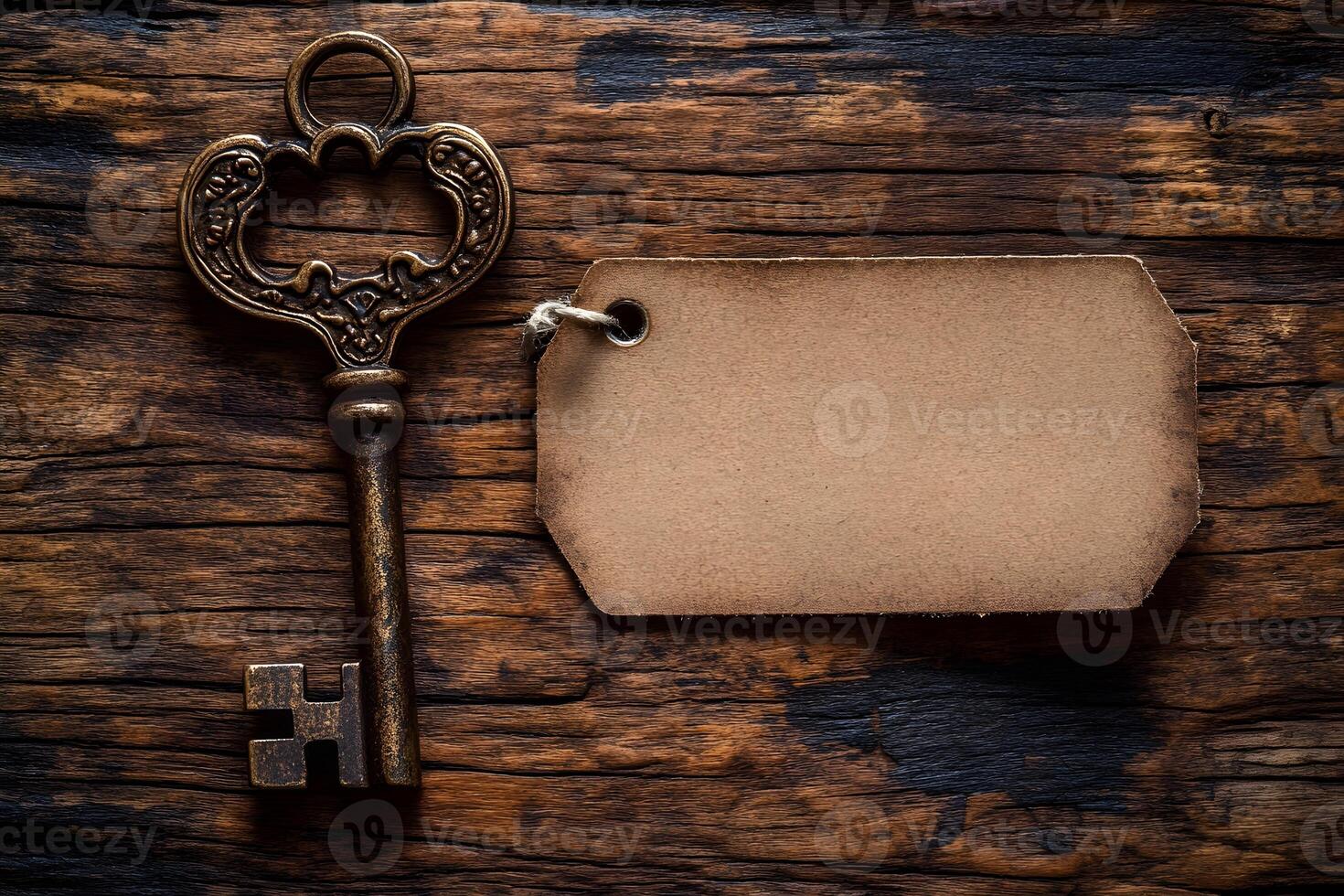 Vintage Brass Key with Blank Tag on Rustic Wooden Surface for Design and Branding photo