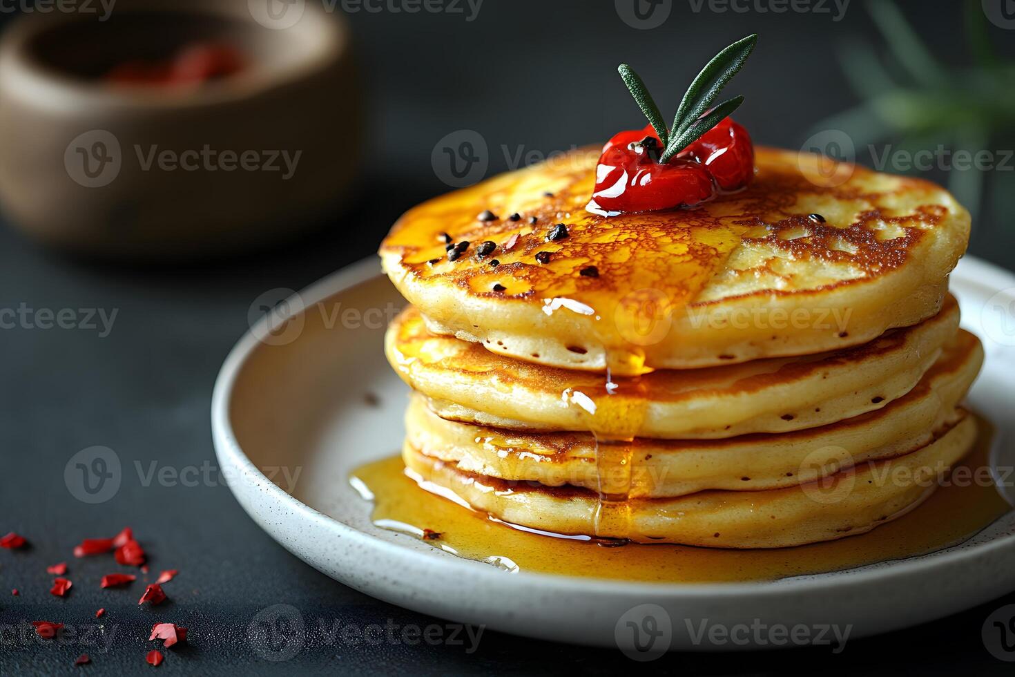 Delicious Stack of Fluffy Pancakes with Syrup and Chilli Garnish for Breakfast Inspiration photo