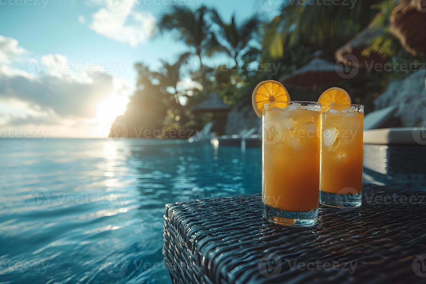 Tropical Sunset Relaxation with Refreshing Citrus Cocktails by the Beach photo