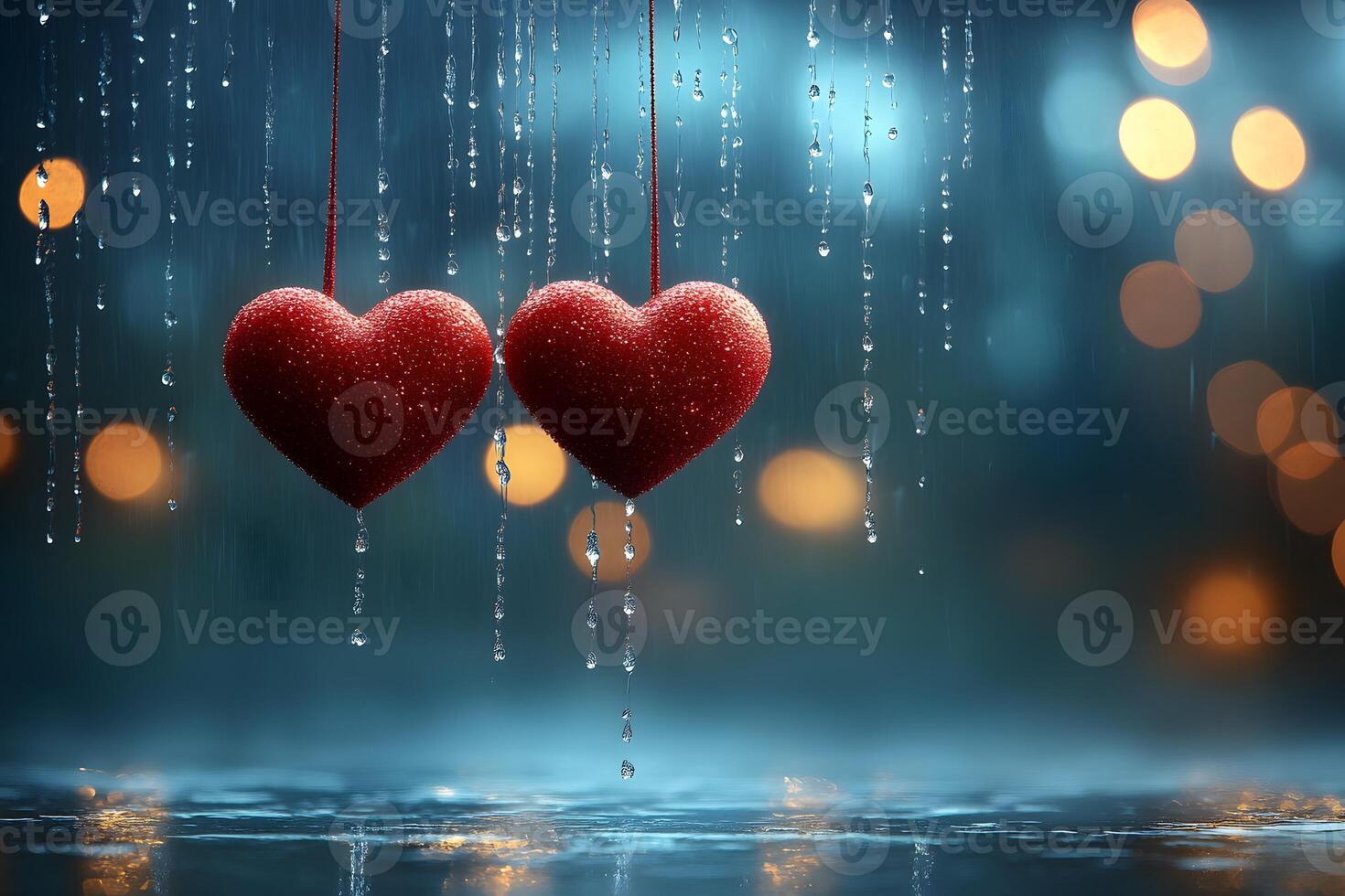 Romantic Hearts in Rain with Bokeh Lights for Valentine's Design photo