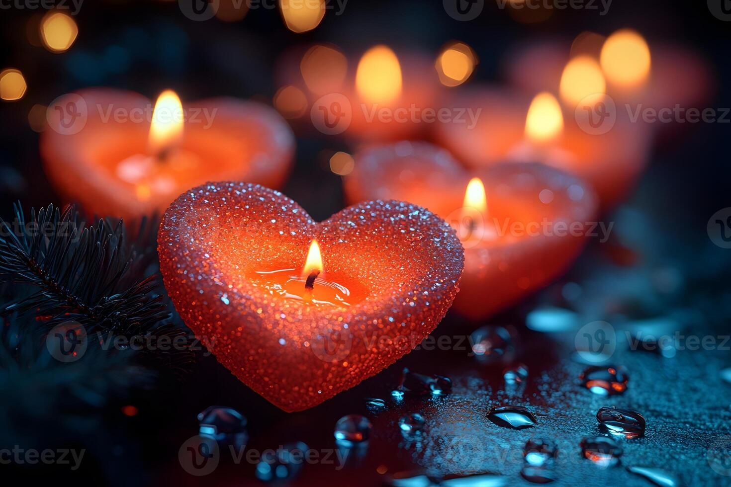 Romantic Candlelit Hearts with Pine Branches and Water Droplets for Valentine s Day Decor photo