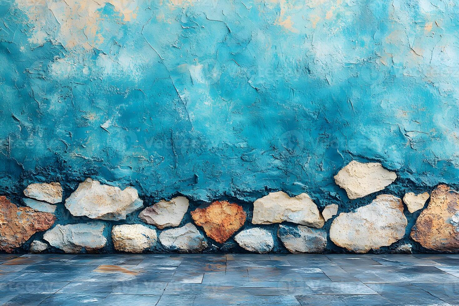 Textured Abstract Teal Wall and Stone Border Artistic Design for Modern Spaces photo