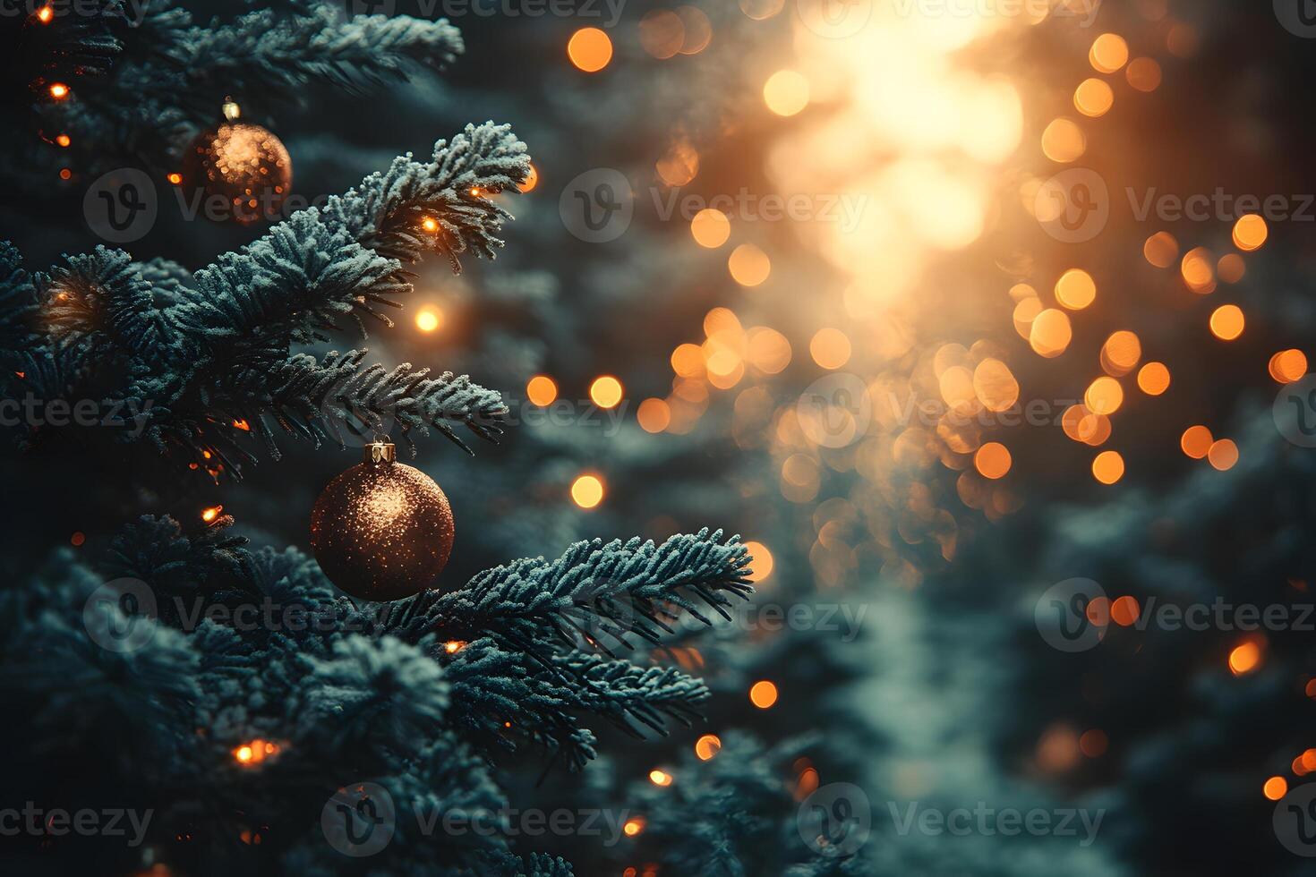 Christmas Tree Close-Up with Glowing Lights and Ornaments for Festive Decor photo