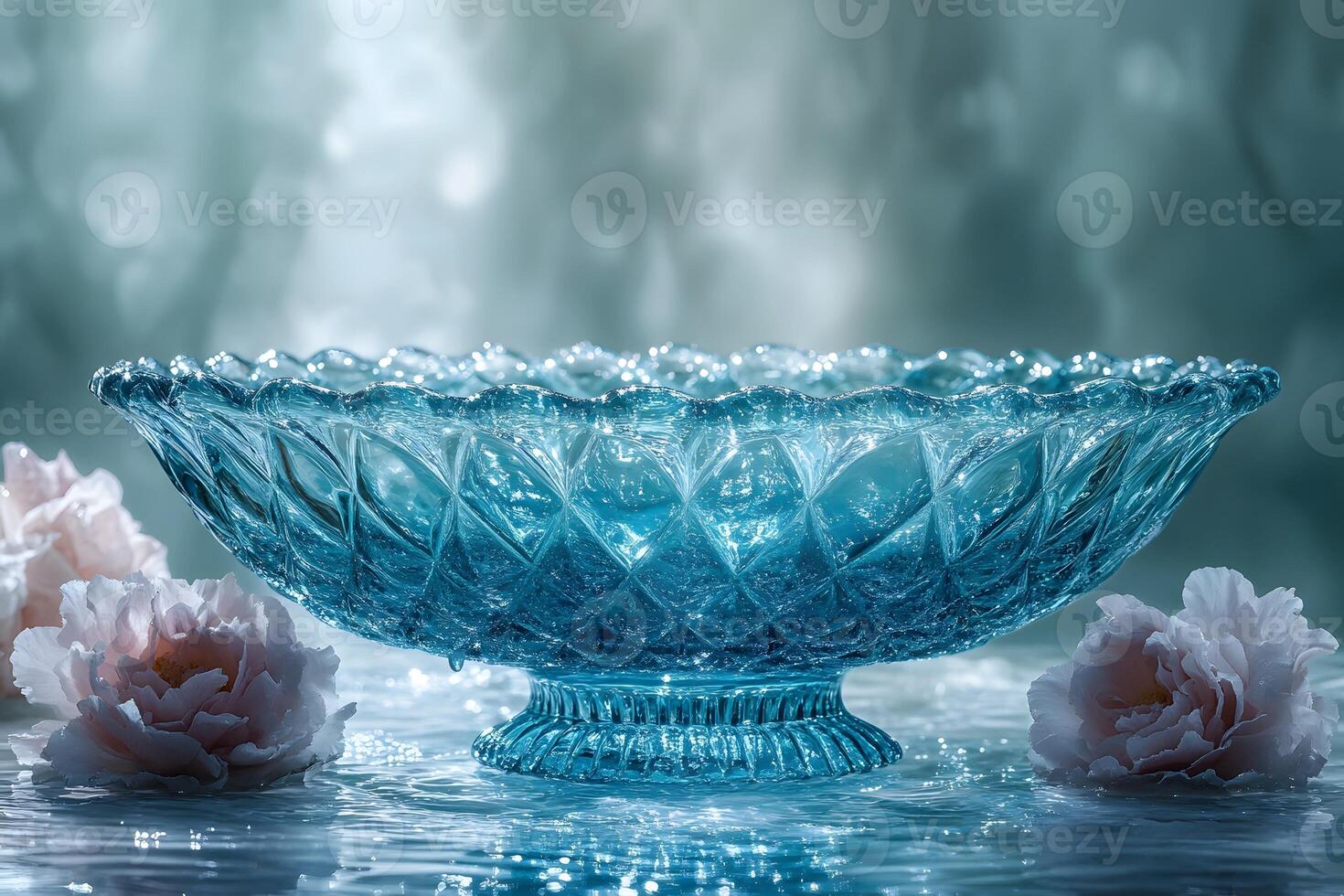 Elegant Crystal Bowl with Floral Accents on a Reflective Surface photo