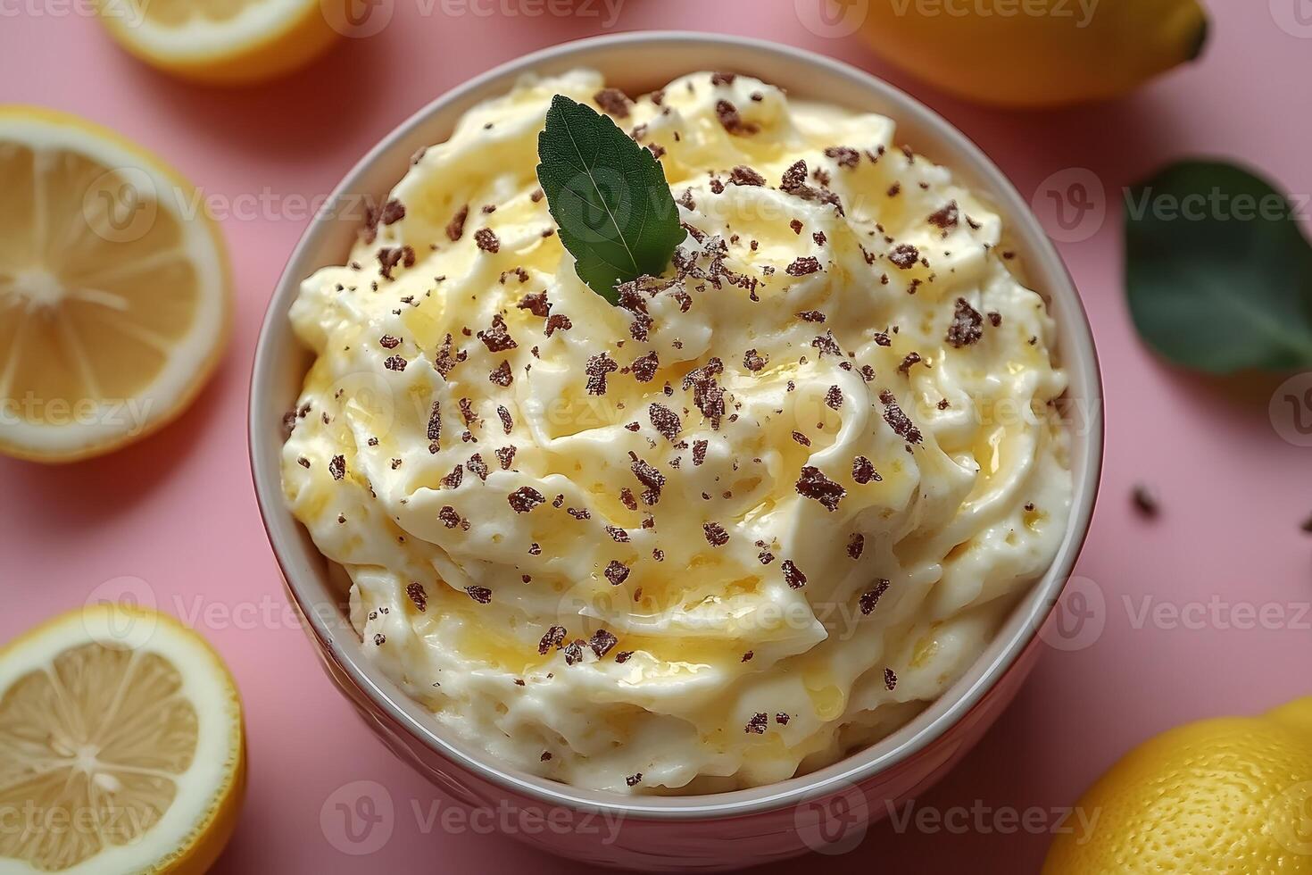 Creamy Lemon Mousse Dessert with Chocolate Shavings on Pink Background photo