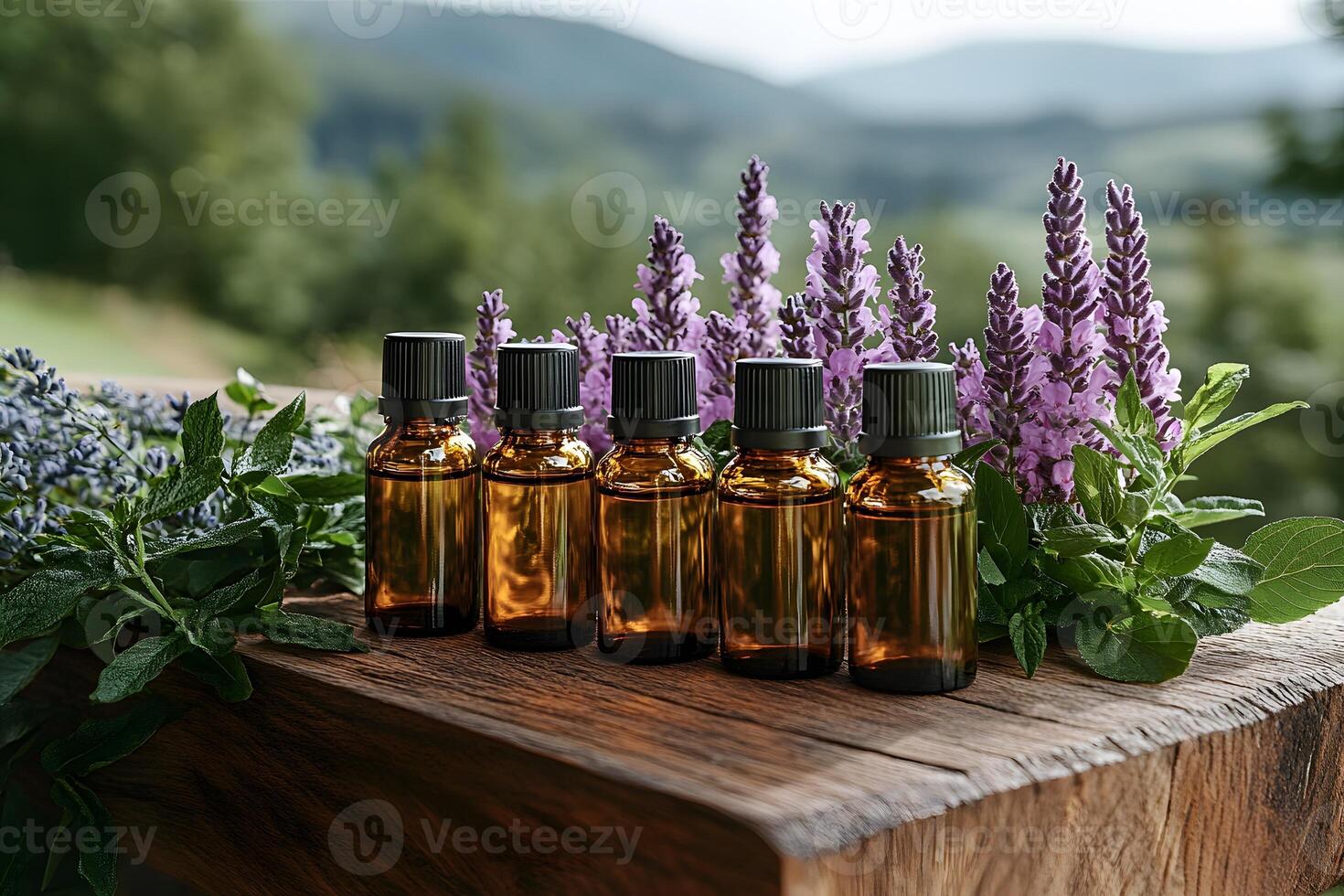 Aromatherapy Concept with Essential Oil Bottles and Purple Flowers for Spa Design photo