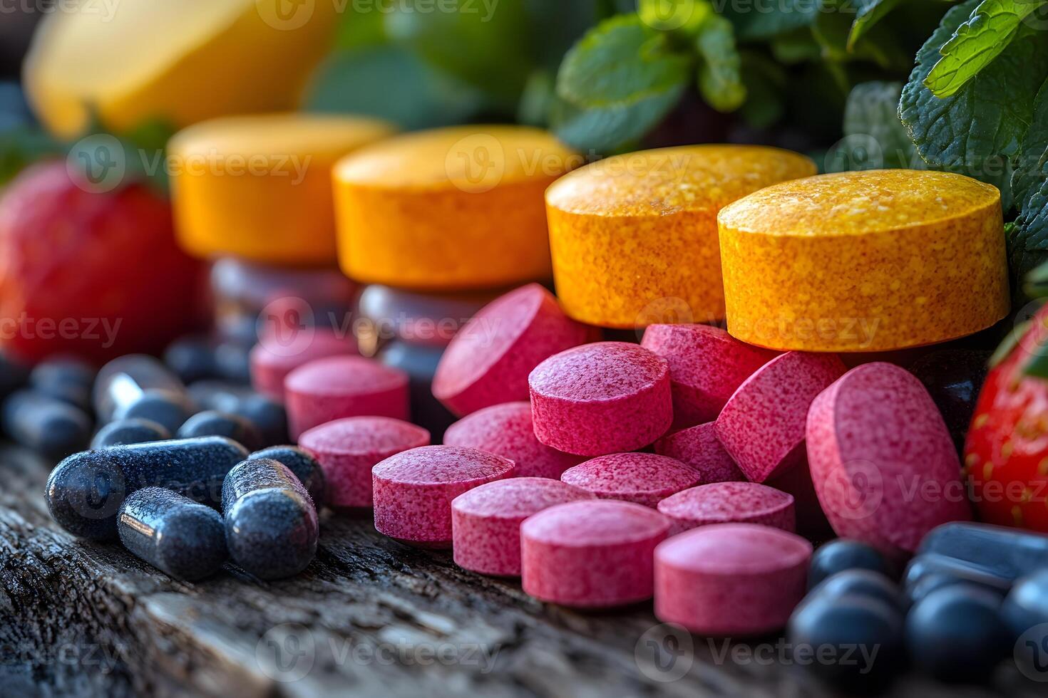 Assorted Multivitamin and Supplement Pills with Fresh Fruits for a Healthy Lifestyle Design photo