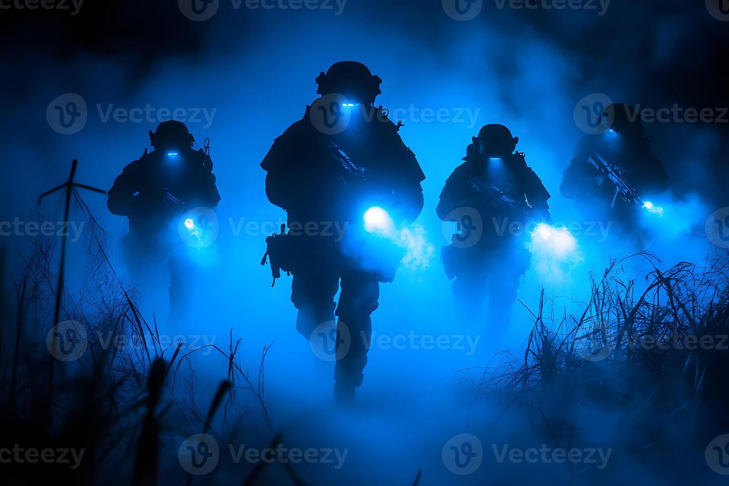 Mysterious Tactical Night Operation with Armed Soldiers in Blue Mist photo