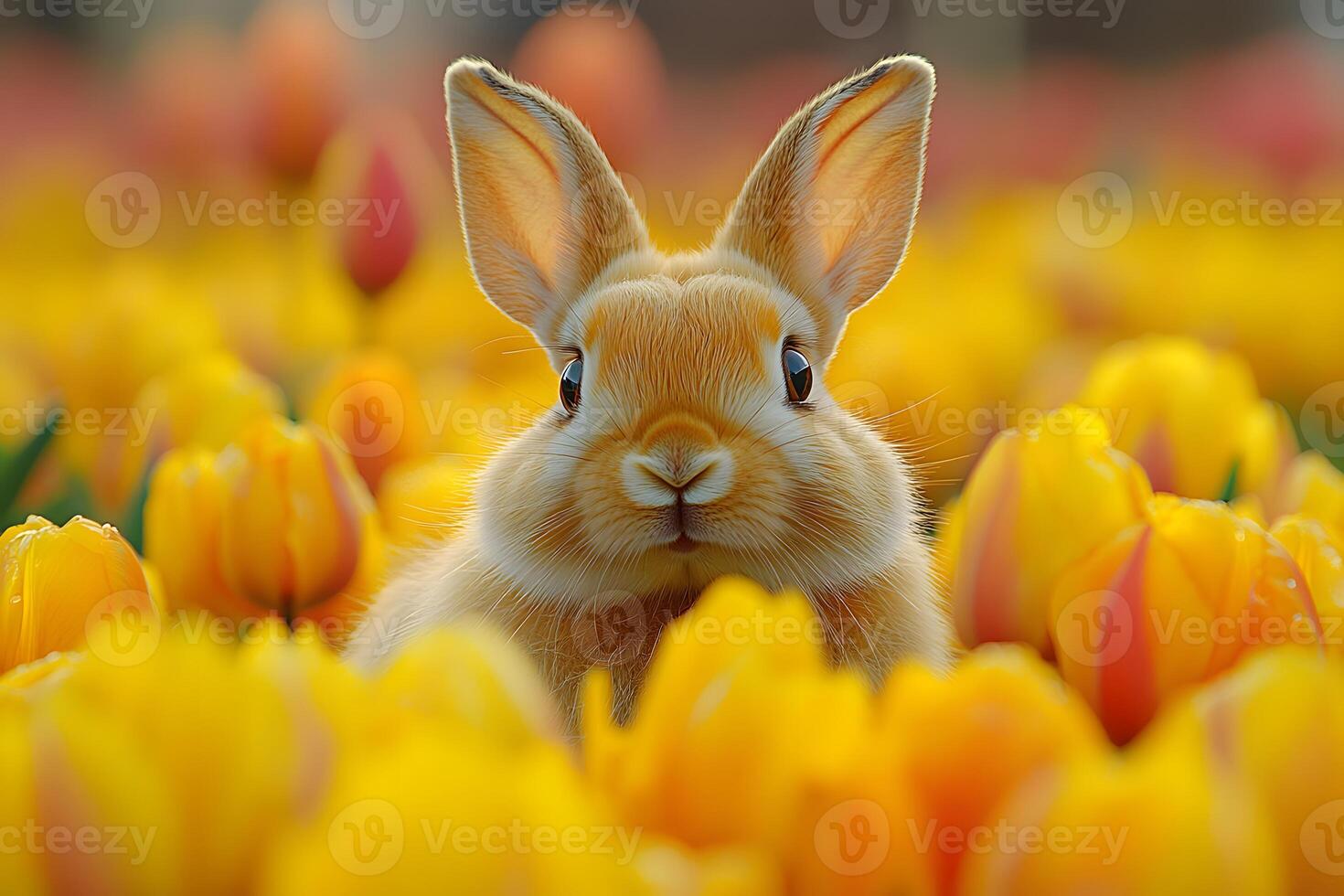 Adorable Bunny Surrounded by Vibrant Tulips for Easter and Spring Decorations photo