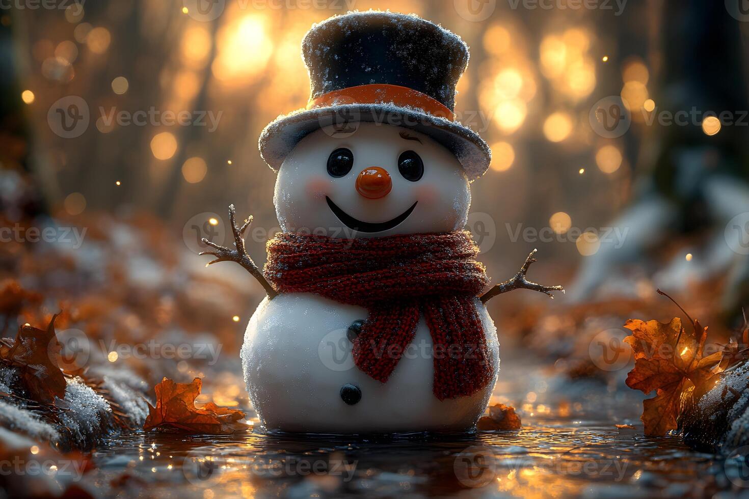 Joyful Snowman in Autumn Forest with Warm Light for Holiday Card Design photo