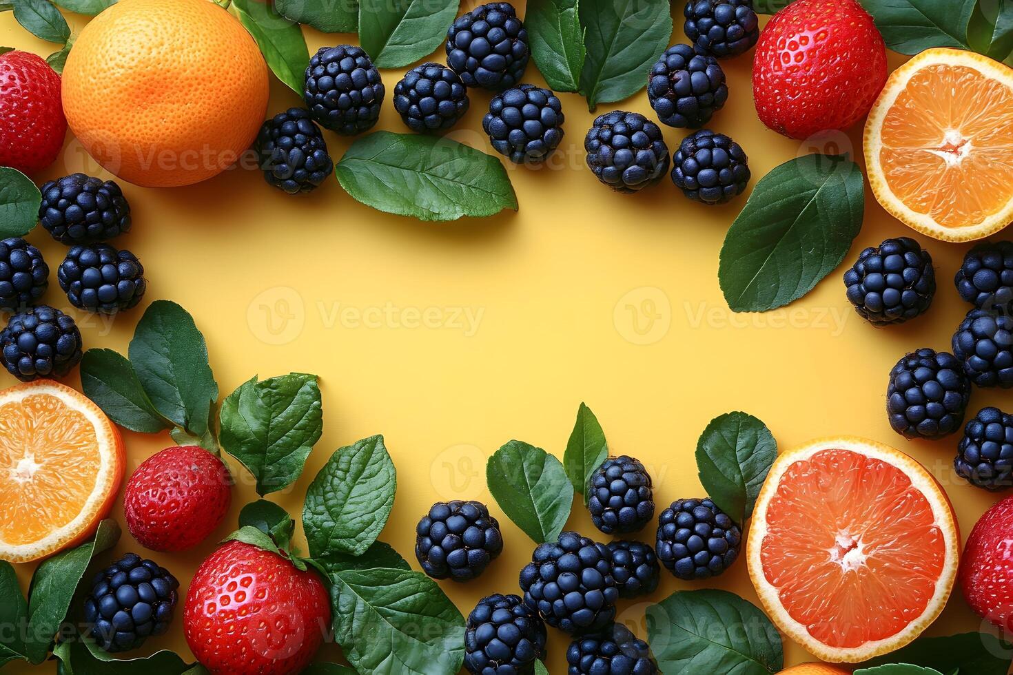 Fresh Citrus and Berries Arrangement on Vibrant Yellow Background for Healthy Eating Designs photo