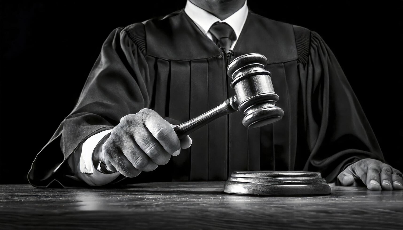 A judge is holding a gavel and wearing a black robe photo