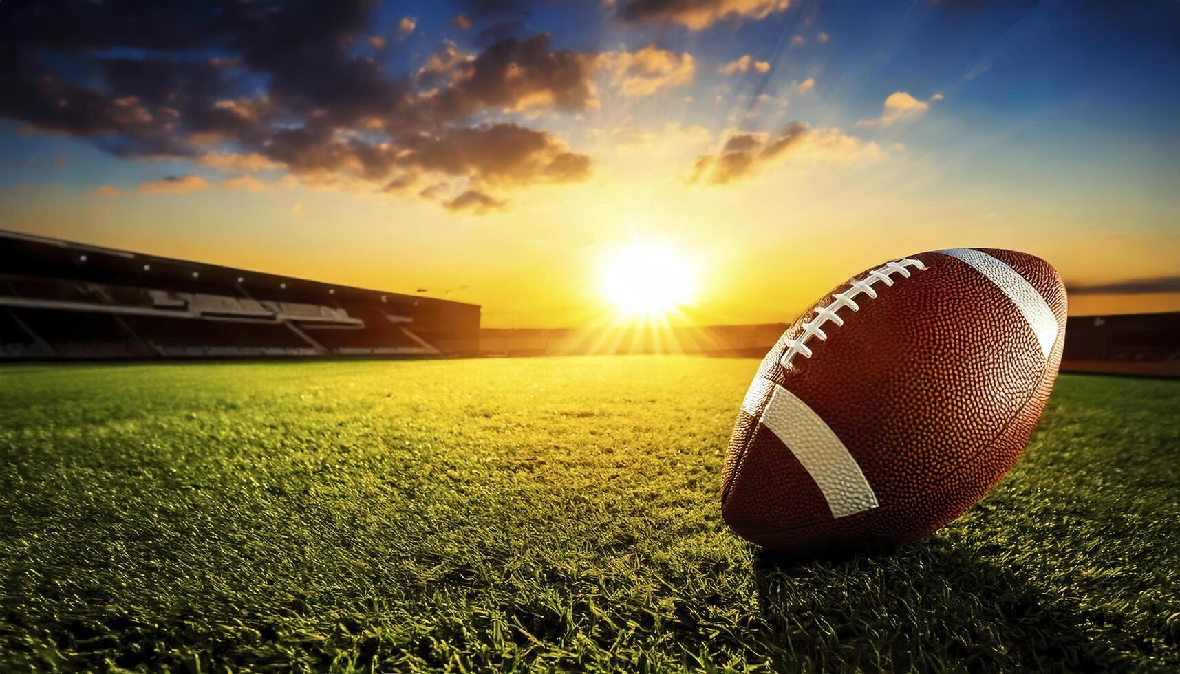 A football is placed on a green field with a beautiful sunset in the background photo