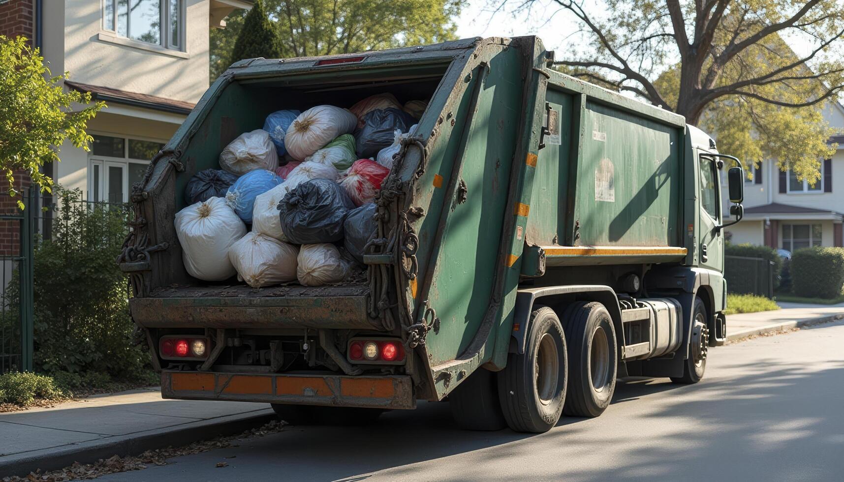 Green garbage truck is making garbage until it is full photo