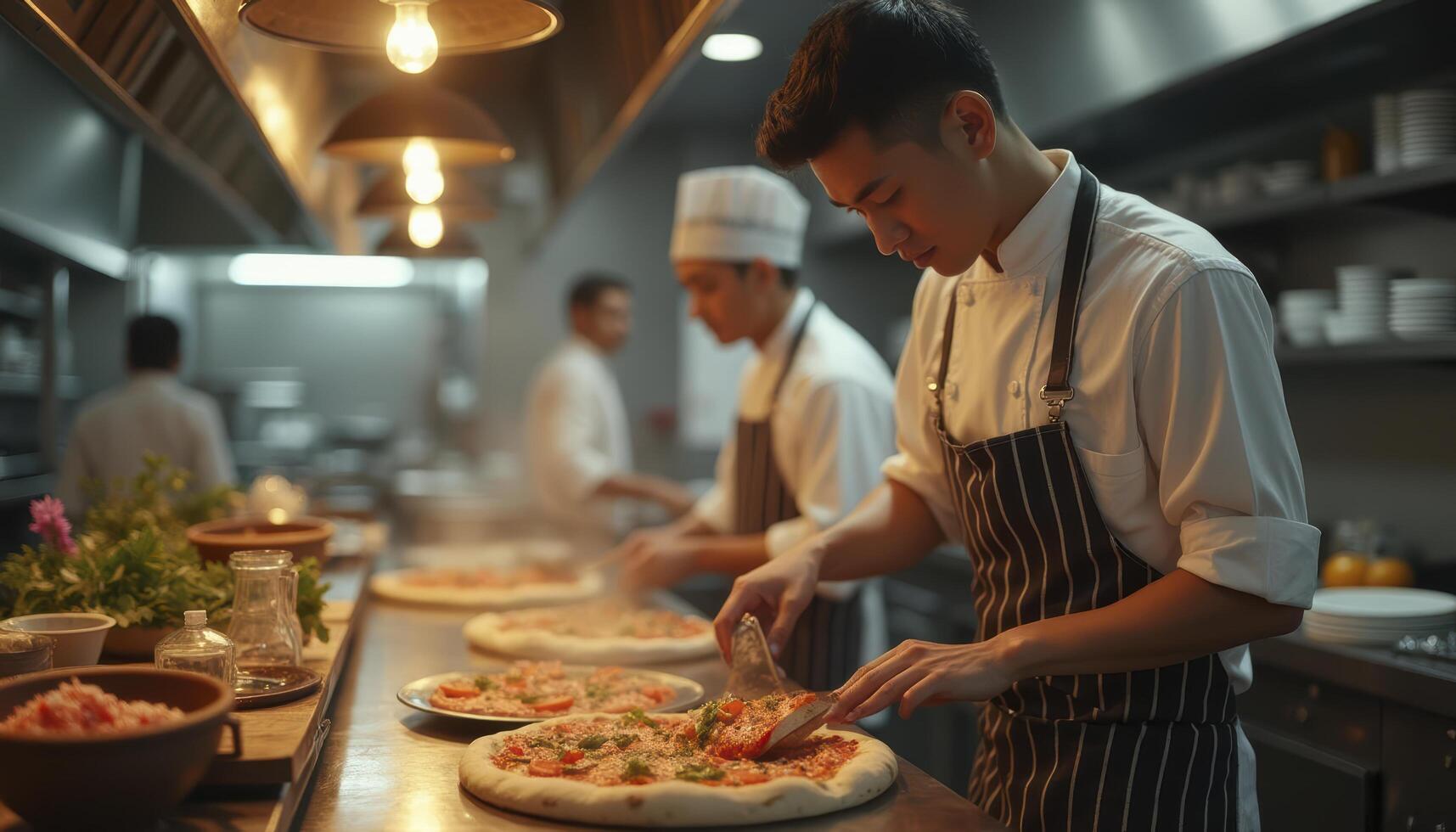 A man is making pizza in a restaurant kitchen photo