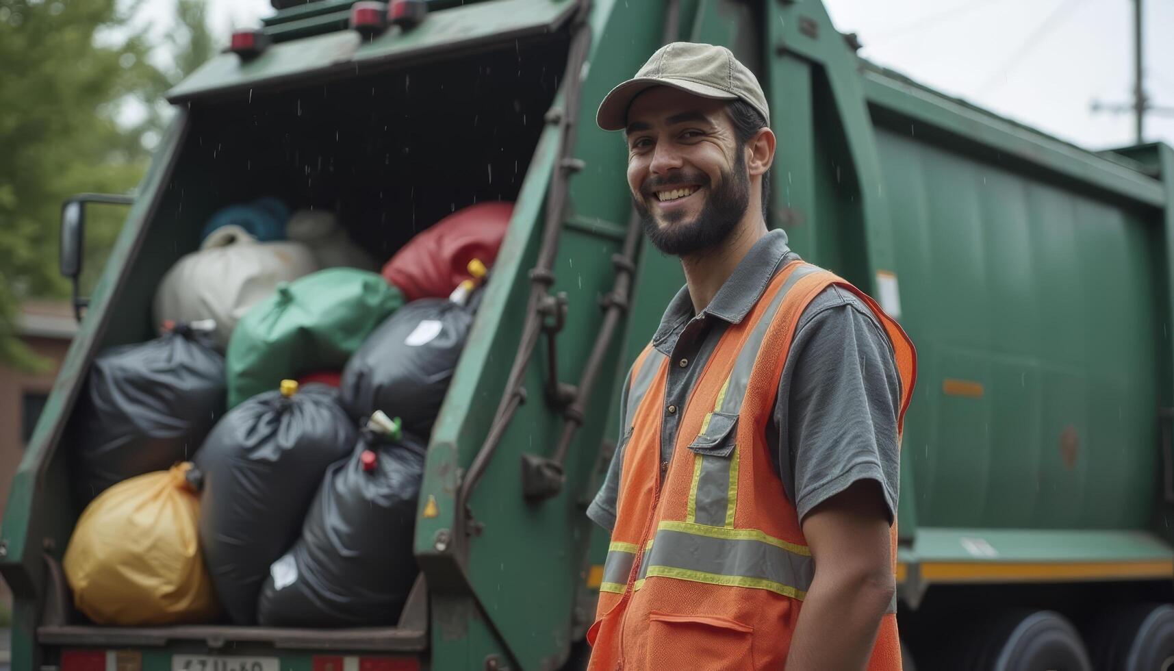 Waste collector smiling with a fully loaded garbage truck in the background photo