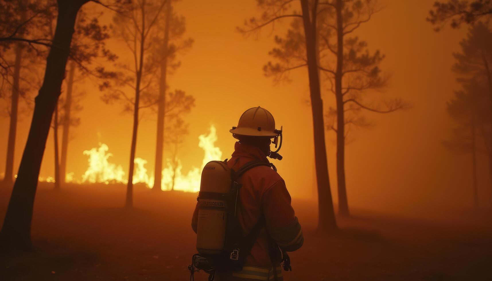 Firefighters with a burning forest in the background photo