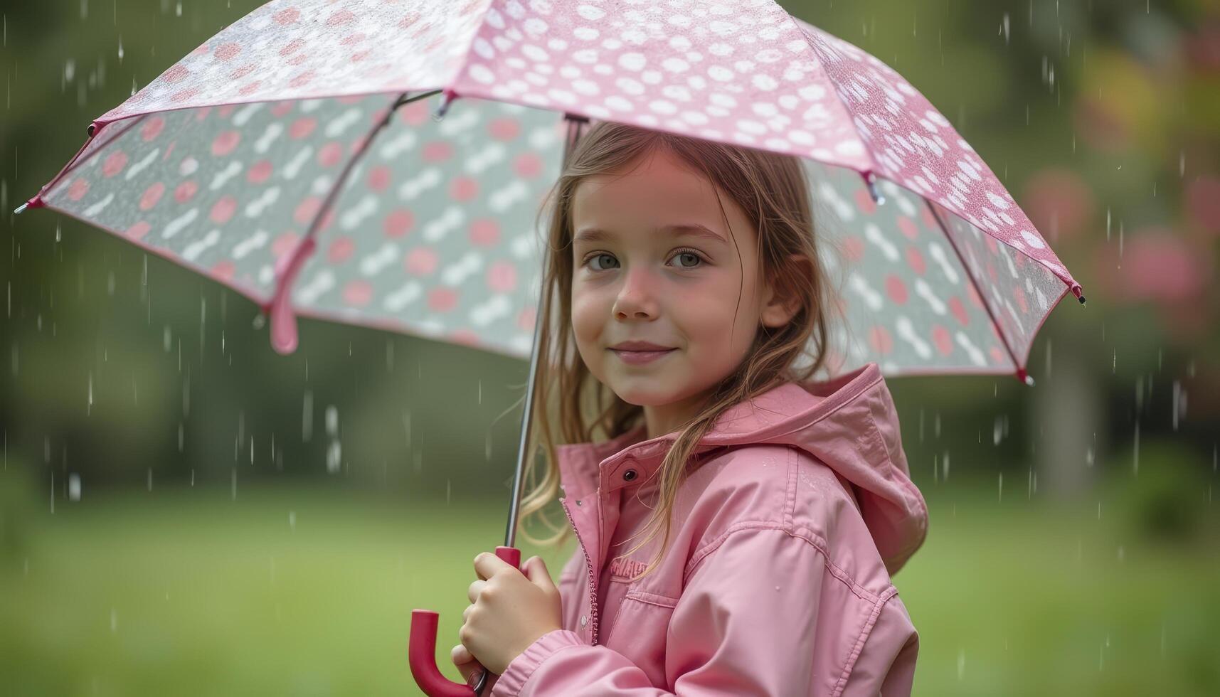 A young girl is holding a pink umbrella in the rain photo