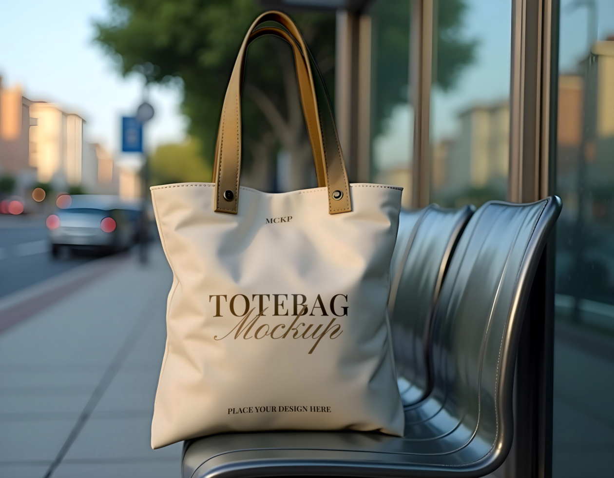 Totebag mockup of bus stop psd