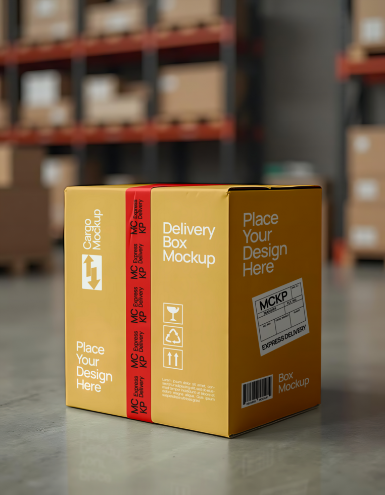 Delivery Box Mockup with warehouse background psd