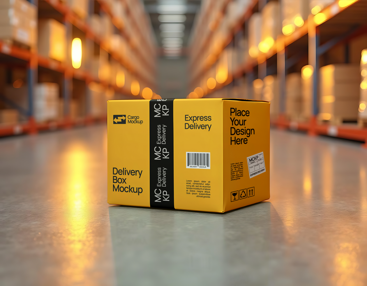 Yellow Box Mockup with warehouse background psd