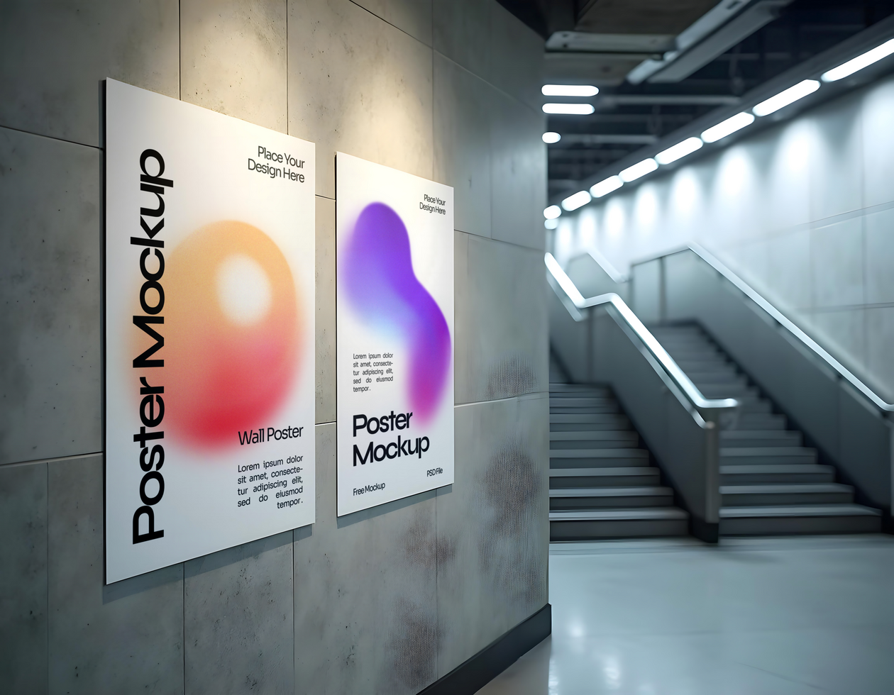 beside stair poster mockup at subway psd