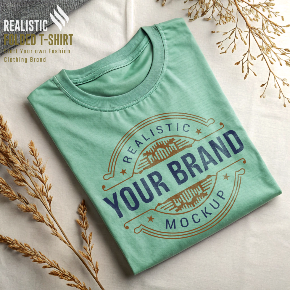 Muted Teal Tidy Folded T-Shirt Mockup with Stylish Presentation psd