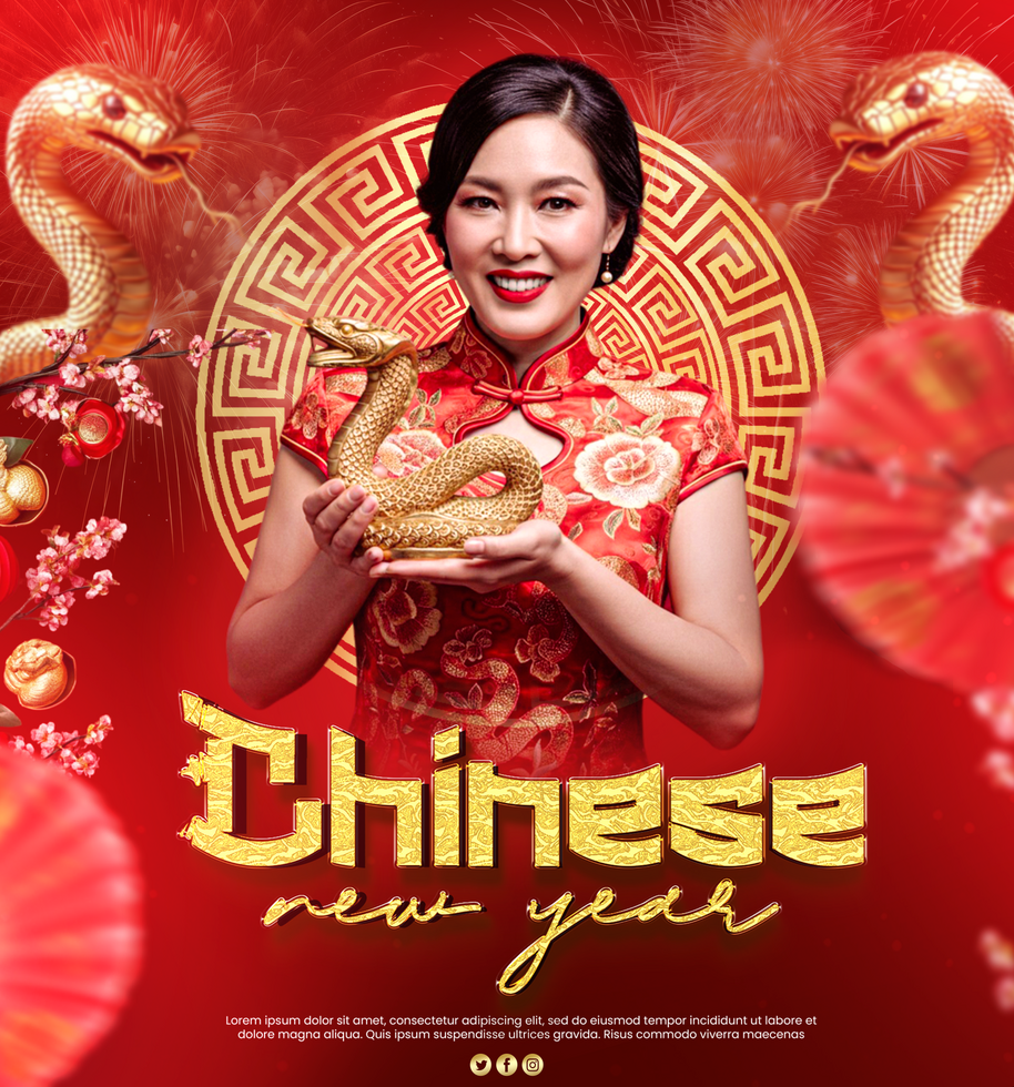 snake year celebration poster with Chinese girl holding wooden snake Chinese new year poster psd