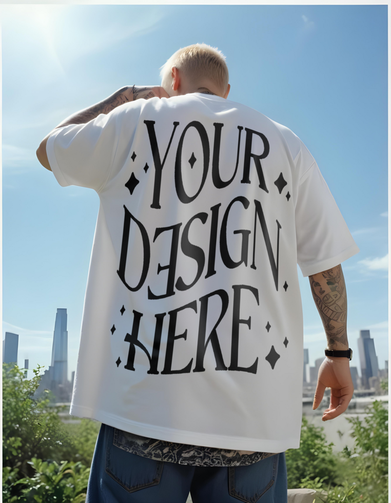 back tshirt mockup wearing by blonde men aesthetic view bright clean cool tshirt mockup street look oversize tshirt psd