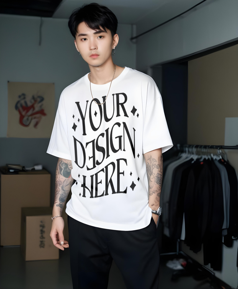 tshirt mockup wearing by asian men front oversize tshirt mockup asian psd