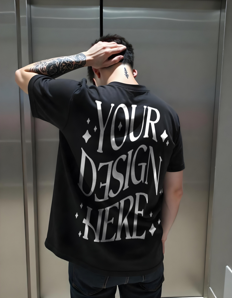T-shirt Mockup Featuring Man Facing Back in front of lift psd