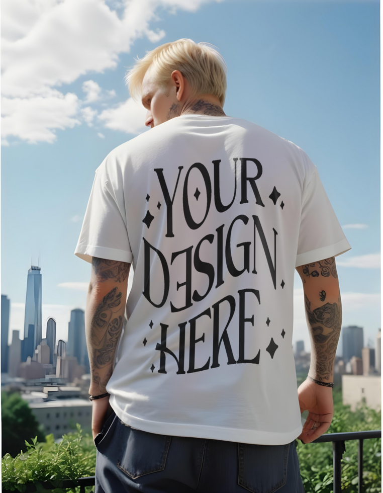 back tshirt mockup wearing by blonde men aesthetic view bright clean cool tshirt mockup street look oversize tshirt mockup psd