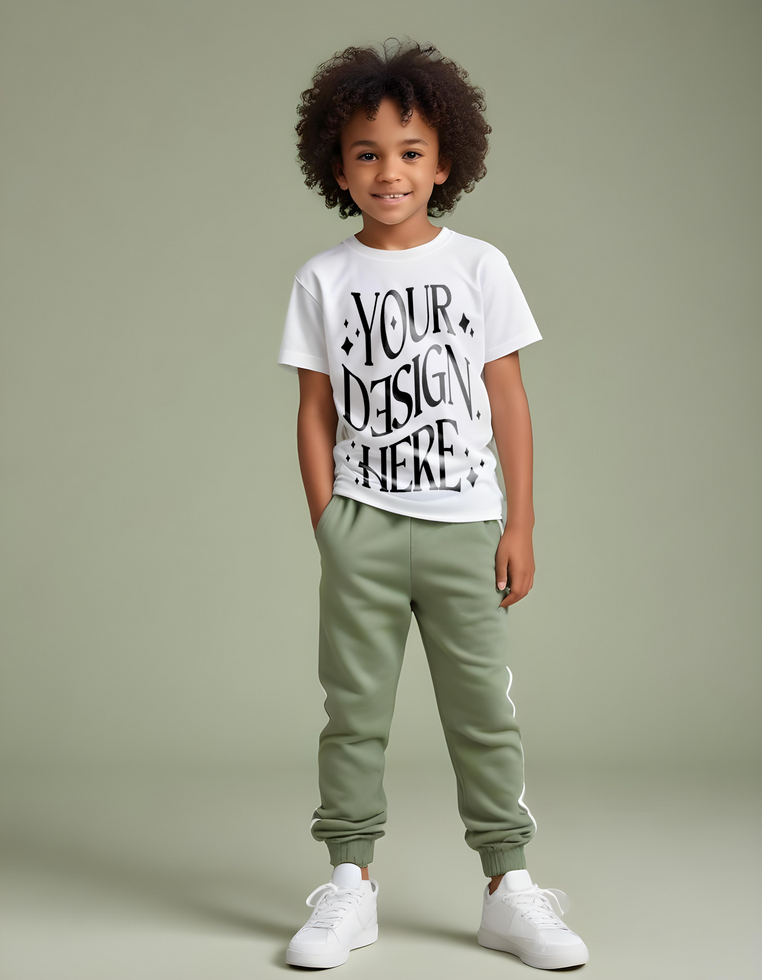 white T-Shirt Mockup Featuring Black Curly-Haired Kid for Apparel Branding, Fashion Design, and Marketing psd