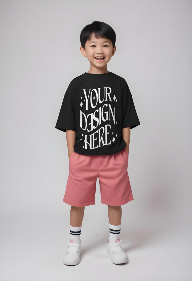 black t-shirt kid mockup featuring by asian child with pink pants psd
