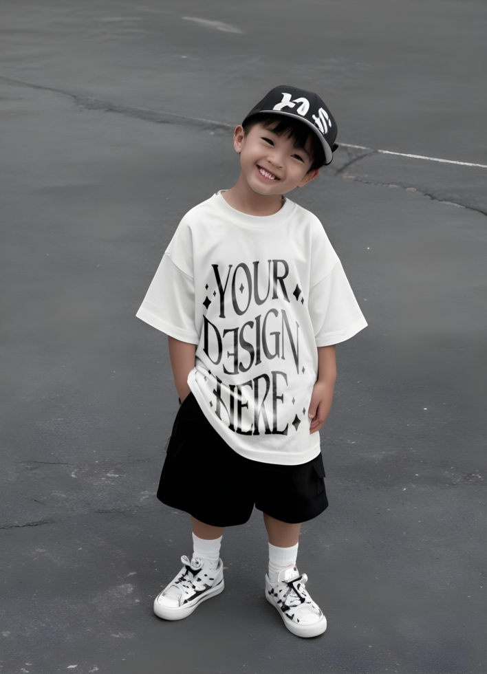 oversize kids t-shirt mockup waering by cute asian child streetwear t-shirt mockup kid psd
