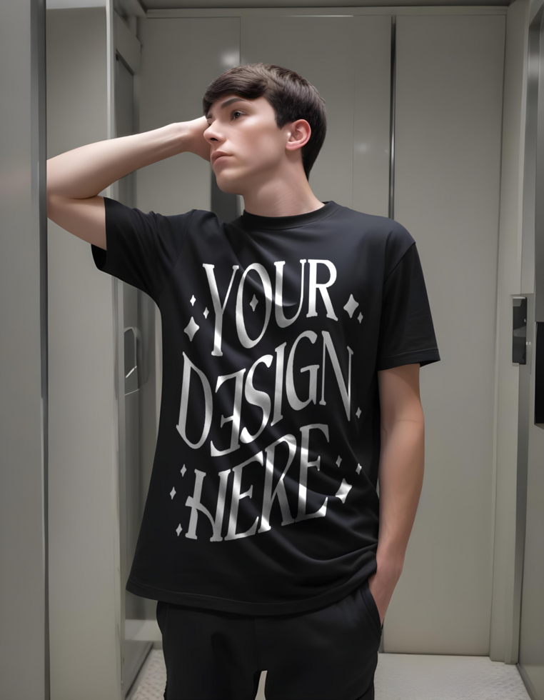 black T-shirt Mockup Featuring Man posed on lift or room psd