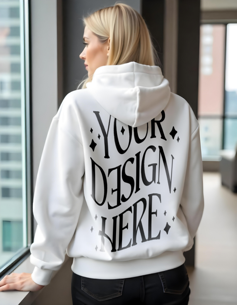 Back White Hoodie Mockup wearing by Woman for Fashion Branding, Apparel Design, Clothing Display psd