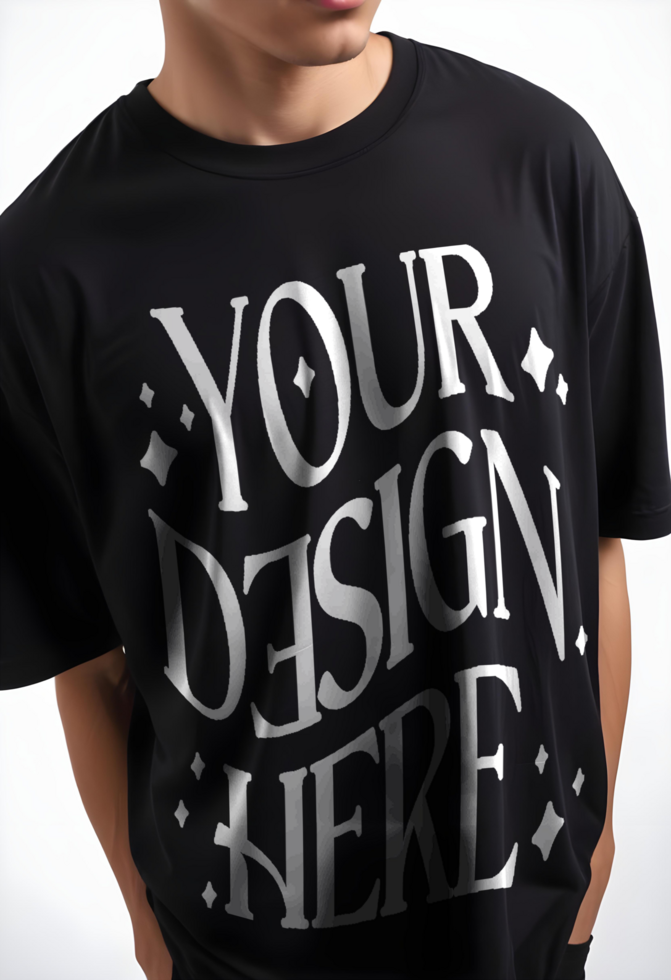 front Black T-Shirt Mockup on Man Close-Up View, Apparel Design, Fashion, and Marketing Use psd
