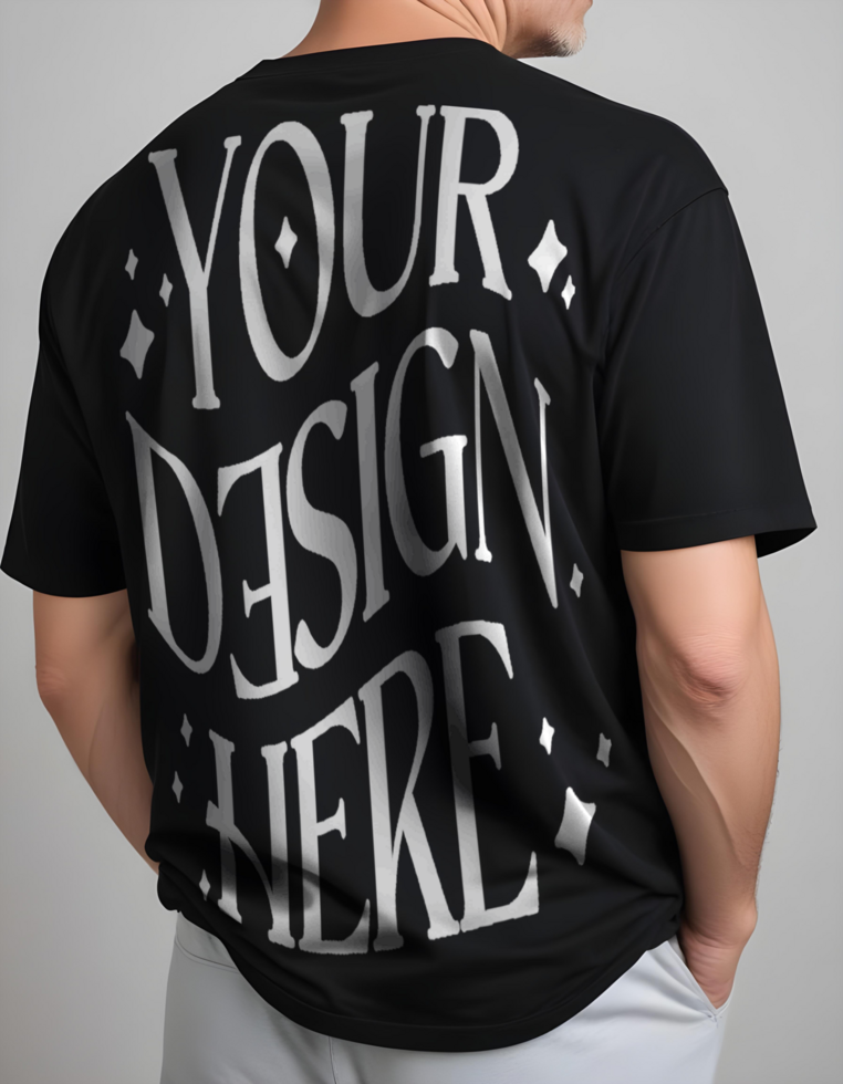 back Black T-Shirt Mockup on Man Close-Up View for Branding, Apparel Design, Fashion, and Marketing Use psd