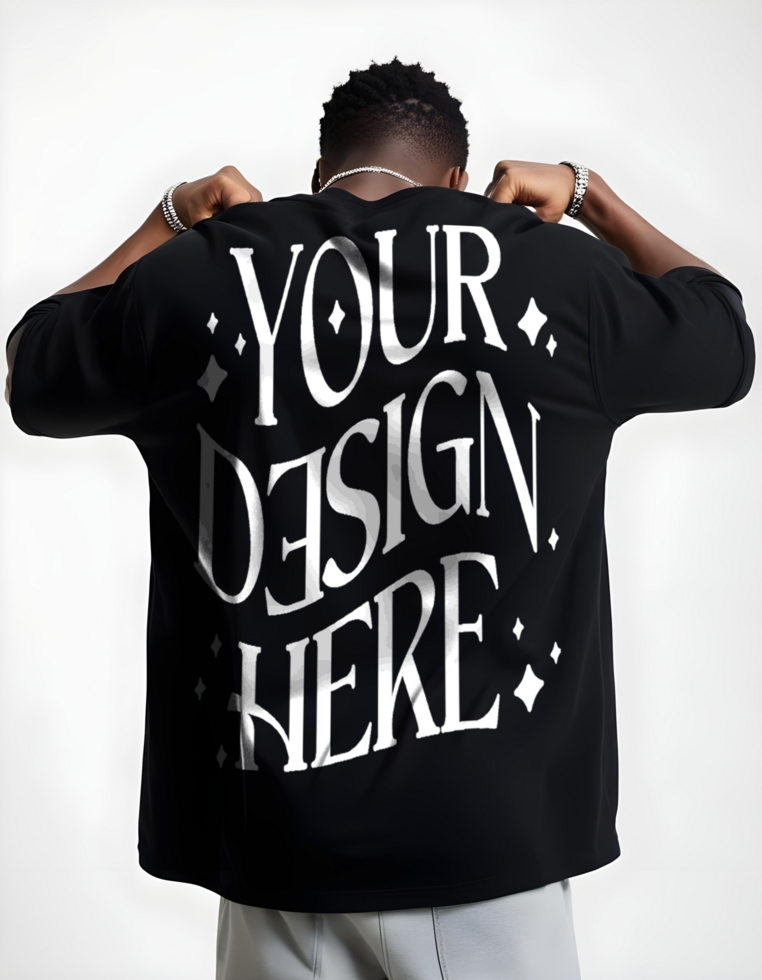 Back Oversize T-Shirt Mockup Featuring Black Man for Fashion Branding, Apparel Design, and Marketing Use psd