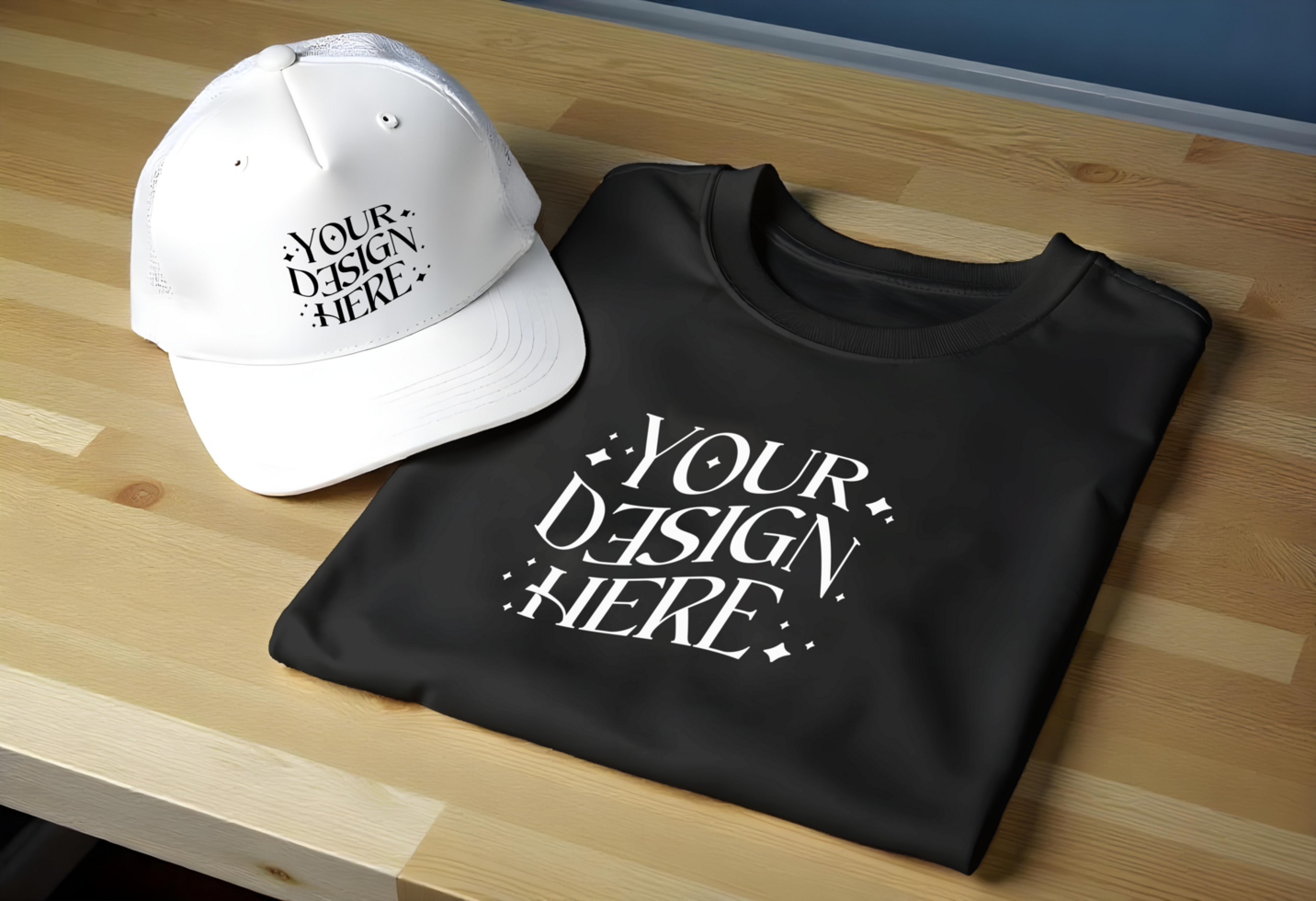 white trucker hat Mockup Bundle with black T-shirt High-Quality, Realistic Designs Featuring Detailed Textures and Customizable Branding Options psd