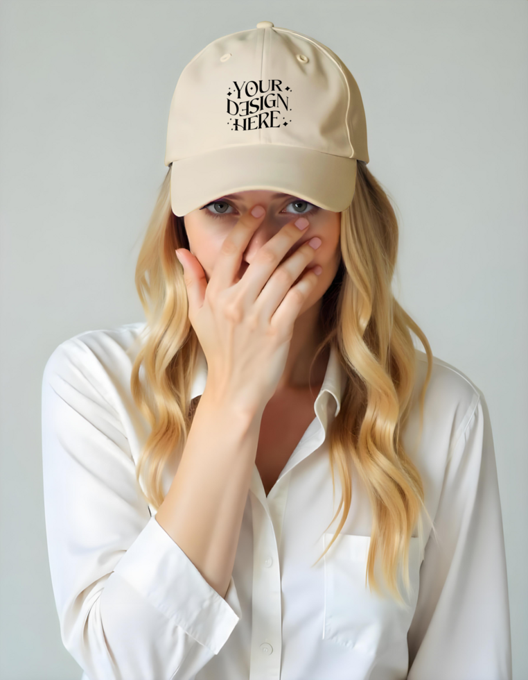cream Baseball Cap Mockup Worn by Woman Realistic Design with Detailed Textures, Adjustable Strap, and Customizable Branding, psd