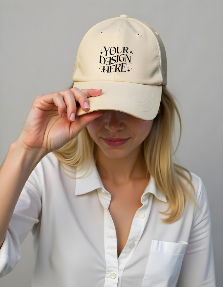 cream Baseball Cap Mockup Worn by Woman Looking Down Realistic Design with Detailed Textures, Adjustable Strap, and Customizable Branding, psd