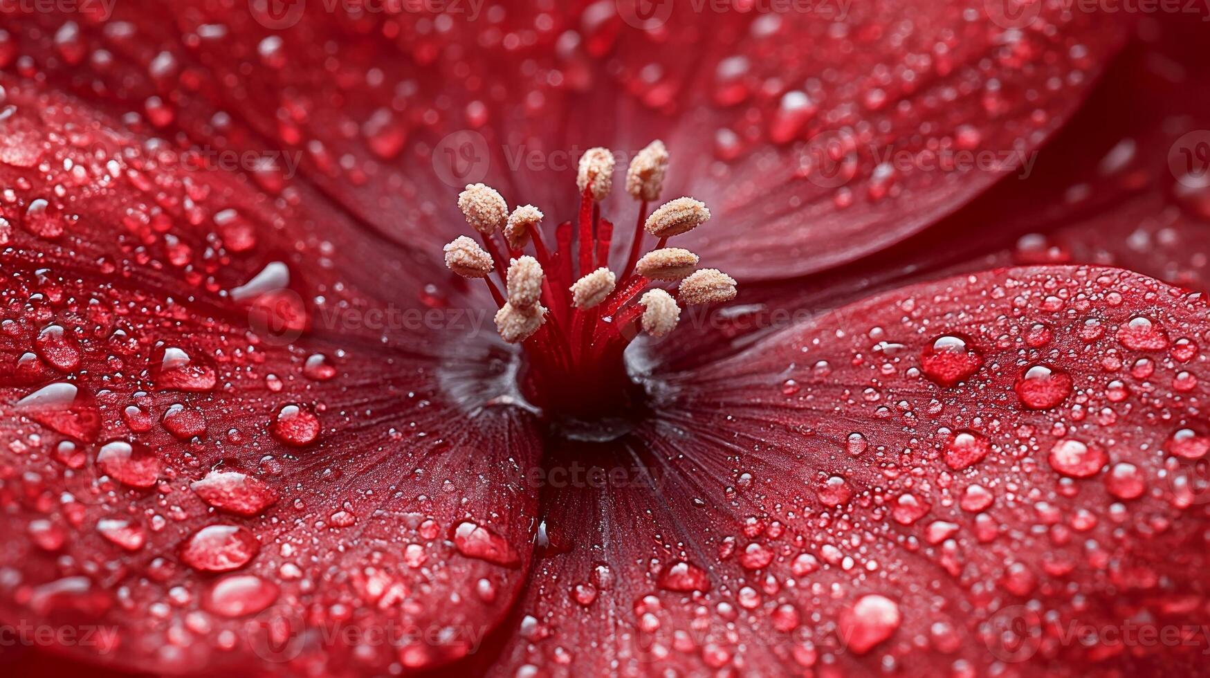 striking red flower displays delicate petals adorned sparkling water droplets. close up reveals intricate patterns and captivating contrast enhances its beauty photo