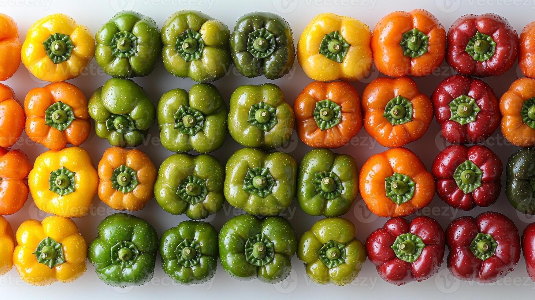 Glossy yellow red orange and green bell peppers are meticulously arranged in square pattern against bright white background photo