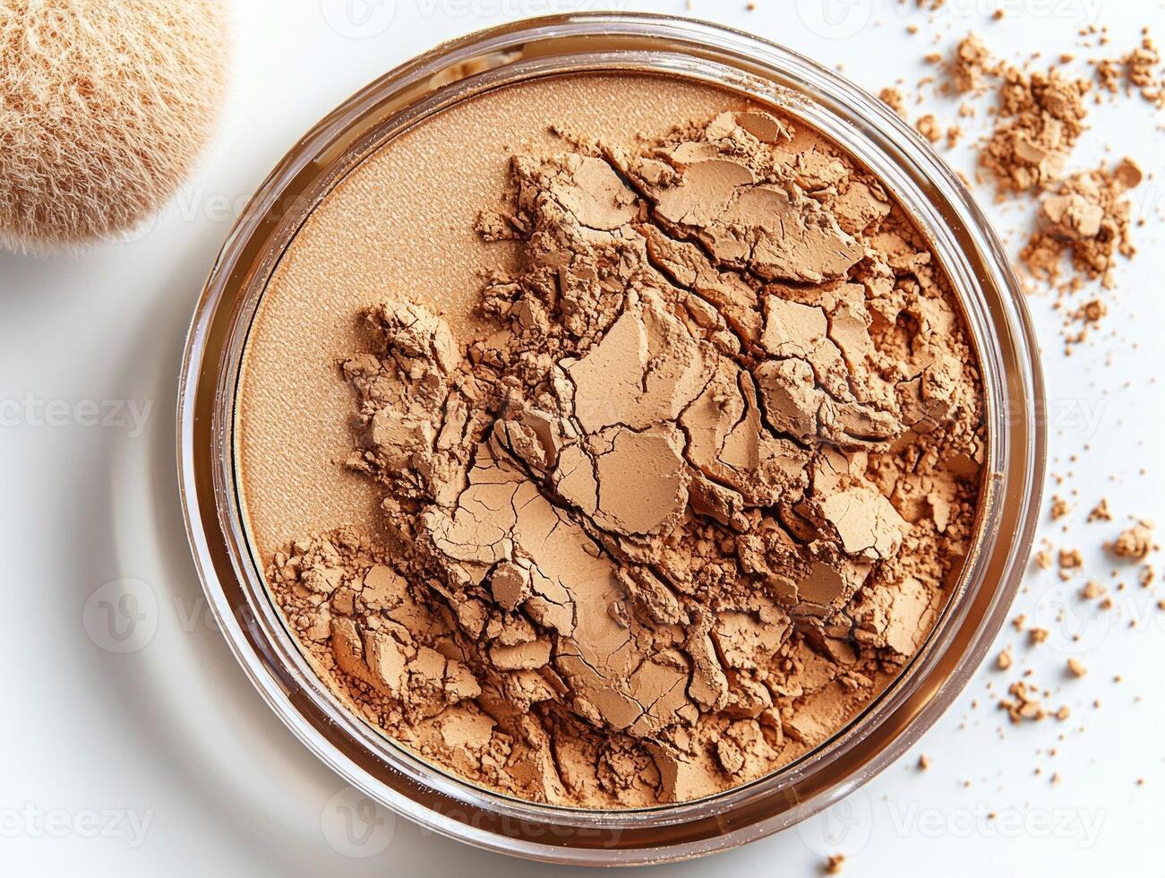 Light beige face powder fills compact showcasing finely milled texture illuminated soft lighting. fluffy puff rests beside it enhancing clean minimal aesthetic photo