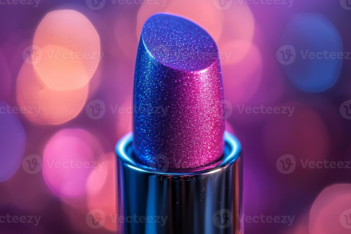 gradient lipstick bullet displays creamy smooth texture shifts from light pink deep purple. soft lighting enhances colors against minimalist background photo